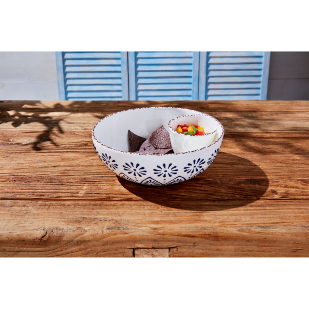 Mud Pie Hand - Painted Blue Pattern Stoneware Chip & Dip Server