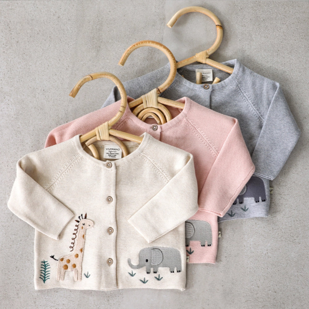 Viverano Organics Natural Embroidered Baby Cardigan Sweater with Animal Safari Design (Organic Cotton)