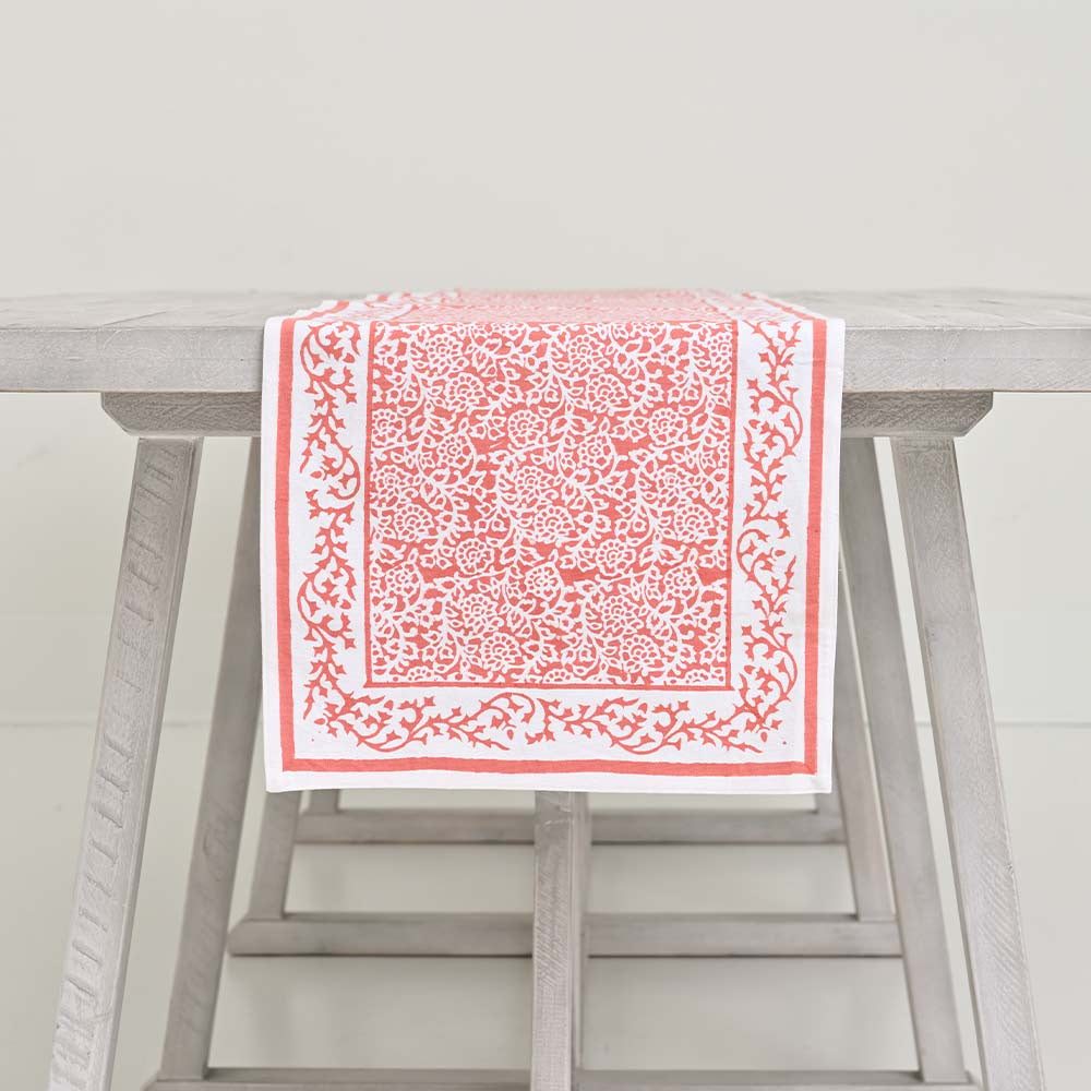 Exquisite Hand - Block Printed Pomegranate and Persimmon Design Cotton Table Runner for Dining Tables