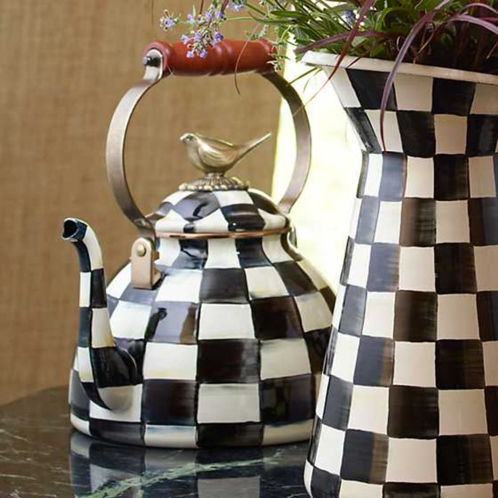 MacKenzie-Childs 3 Qt. Courtly Check Enamel Tea Kettle with Charming Bird Knob