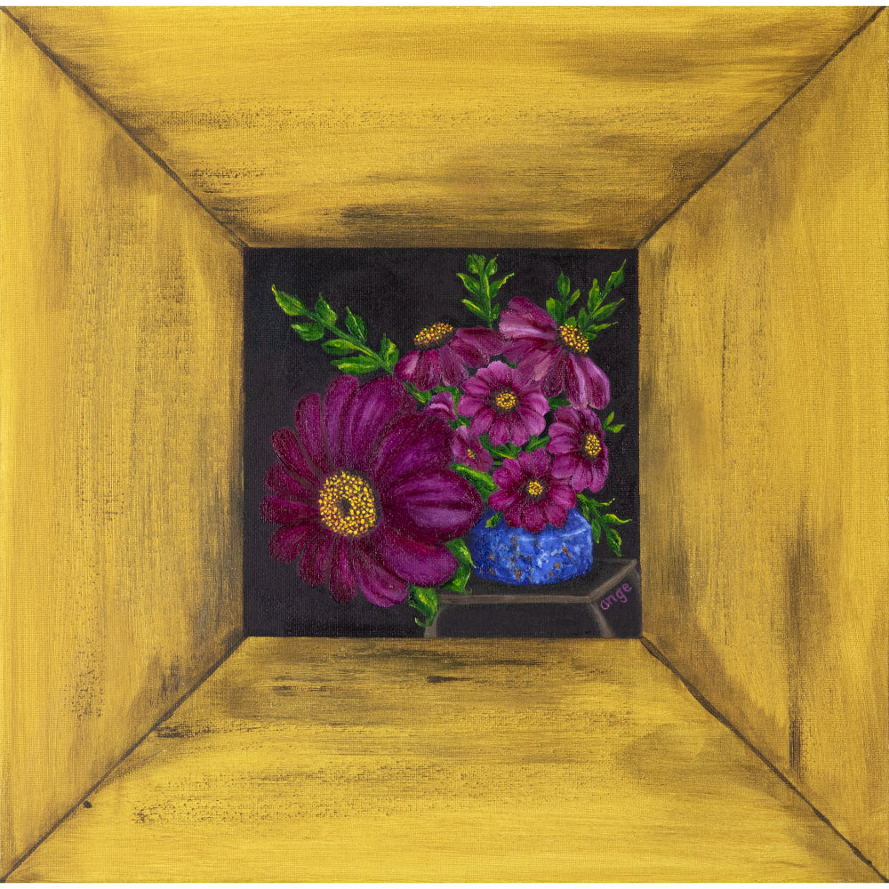 Angelica Goodwin's Original Pink Flowers Canvas Print in Yellow Wood Frame