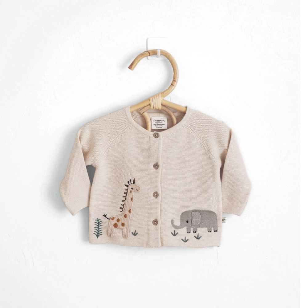 Viverano Organics Natural Embroidered Baby Cardigan Sweater with Animal Safari Design (Organic Cotton)