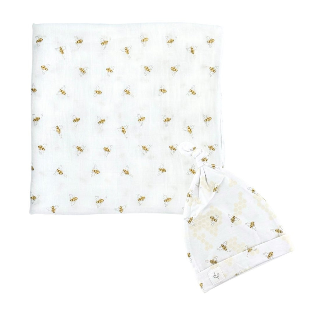 Dear Perli Bamboo Muslin Swaddle Blanket and Matching Topknot Hat Set with Into the Wild Busy Bees Design - Ideal Newborn Gift
