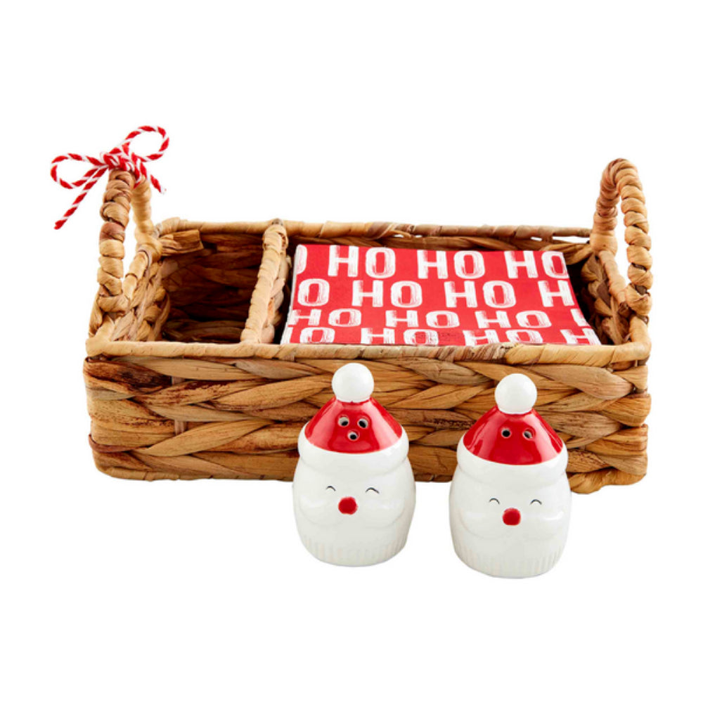 Mud Pie Festive Santa Ceramic Salt & Pepper Set with Basket and Napkins