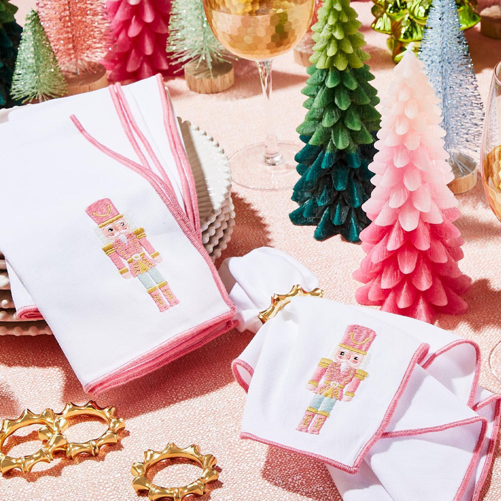 Festive Pink Embroidered Nutcracker Cotton Napkin Set of 4