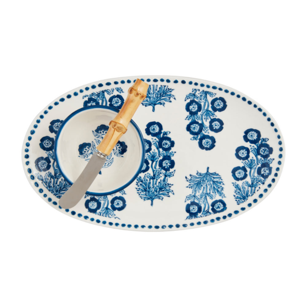 Mud Pie Exquisite Hand - stamped Block Print Serving Tray and Coordinating Tidbit Set with Stainless Steel Spreader