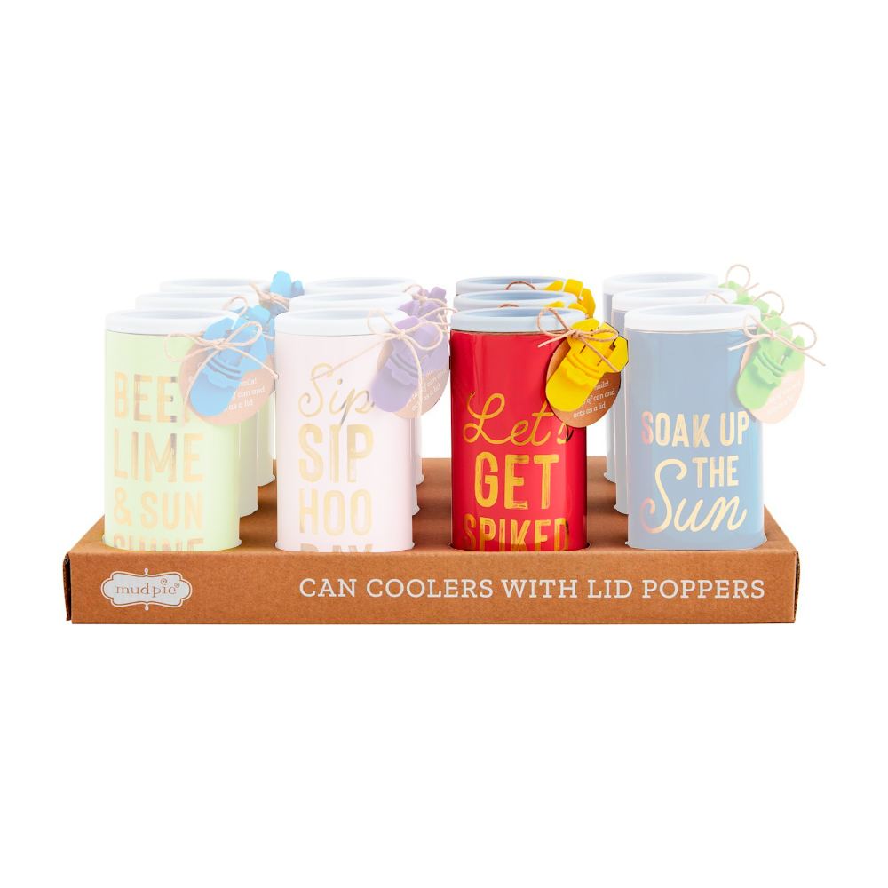 Mud Pie Colorful Metal Can Cooler with Plastic Tab Popper Sets