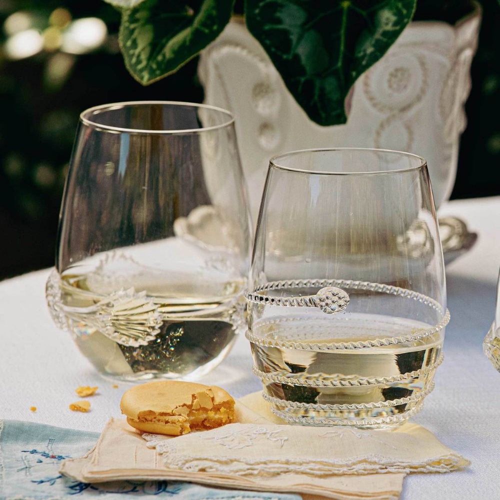 Juliska Amalia Elegant Stemless White Wine Glass with Swirl and Berry Accent