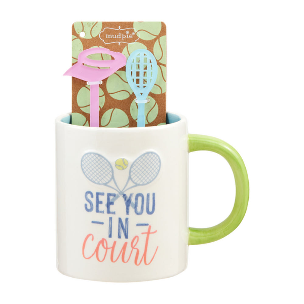 Stylish Mud Pie Tennis-themed Mug & Stirrer Set for Enthusiasts