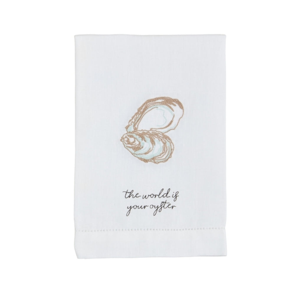 Mud Pie Handmade Oyster-Designed Embroidered Faux Linen Hand Towel for Kitchen and Bathroom