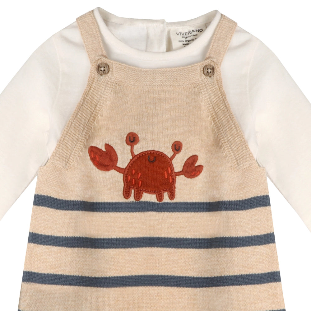 Viverano Organics Baby Romper Set Made of Organic Cotton with Crab Embroidered Design in Oat Heather Color