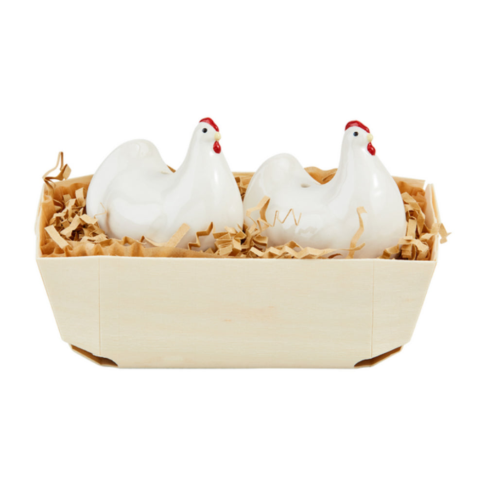 Adorable Hand - painted Farm Hen Stoneware Salt and Pepper Shaker Set in Wooden Basket