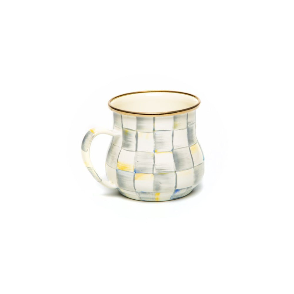 MacKenzie-Childs Enamel Mug with Hand-Painted Sterling Checks and Bronzed Stainless Steel Rim