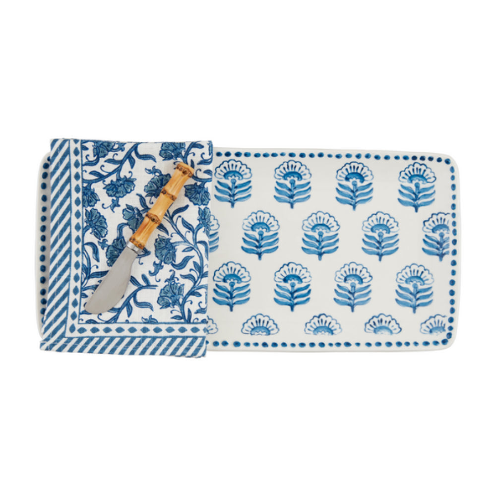 Mud Pie Artistic Block Print Tray, Spreader & Towel Dining Set