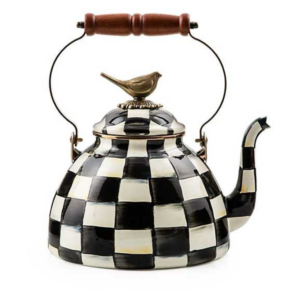 MacKenzie-Childs 3 Qt. Courtly Check Enamel Tea Kettle with Charming Bird Knob