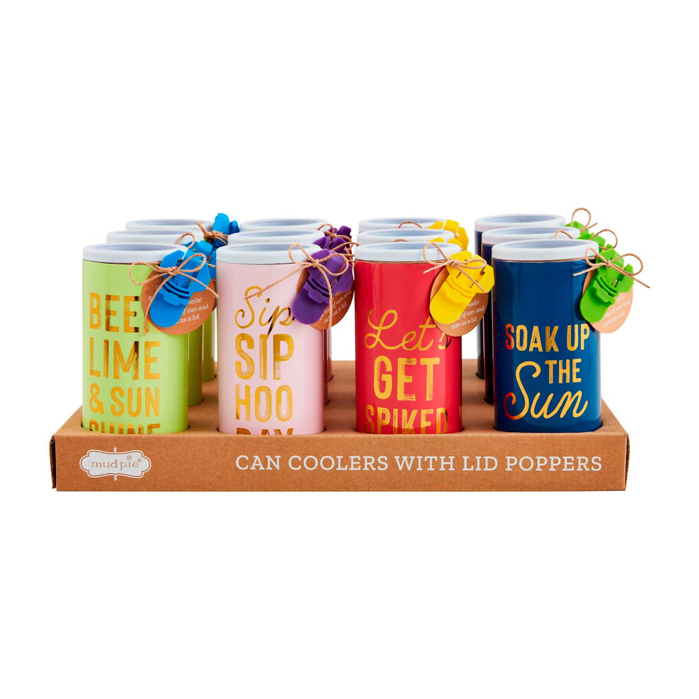 Mud Pie Colorful Metal Can Cooler with Plastic Tab Popper Sets