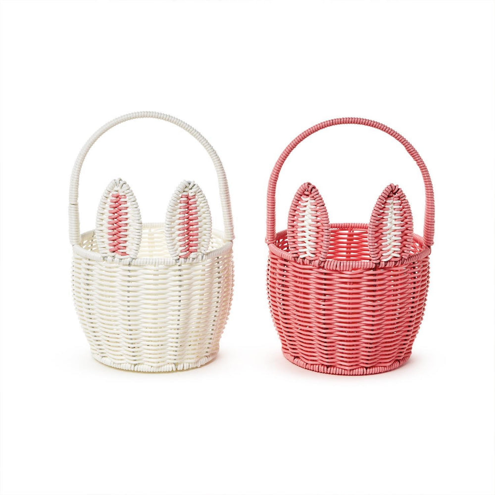 Hand-Woven Artificial Wicker Easter Bunny Basket in Pink and White