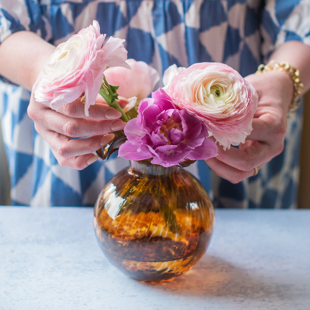 Vietri Brown Tortoiseshell Fluted Glass Vase Inspired by Hibiscus Flower