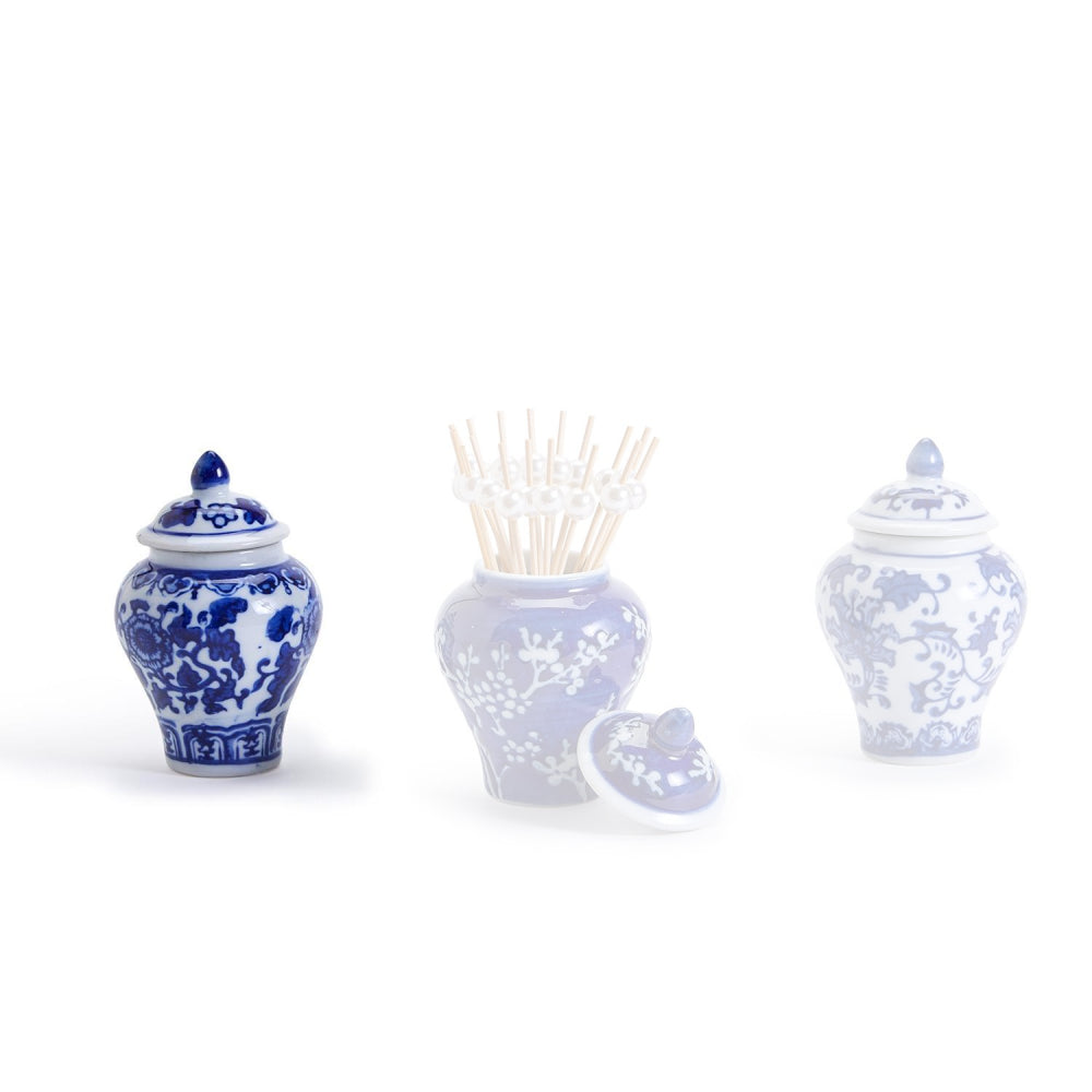 Two's Company Mini Decorative Ginger Jar Set with Bamboo Picks in Assorted 3 Traditional Floral Patterns