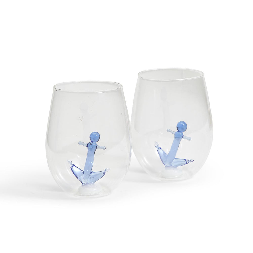 Two's Company 20-Ounce Hand Blown Stemless Wine Glass with Cobalt Blue Anchor