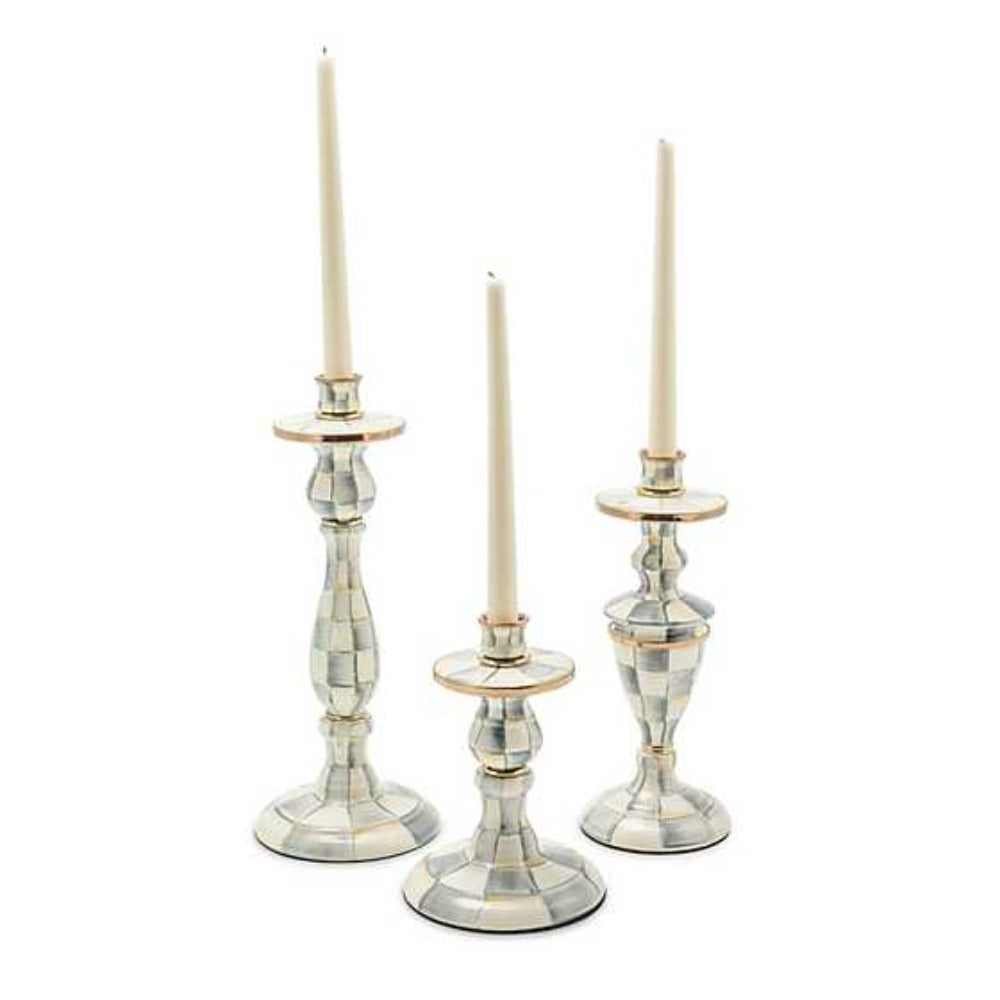 MacKenzie-Childs Hand-Painted Grey Check Enameled Steel Candlestick