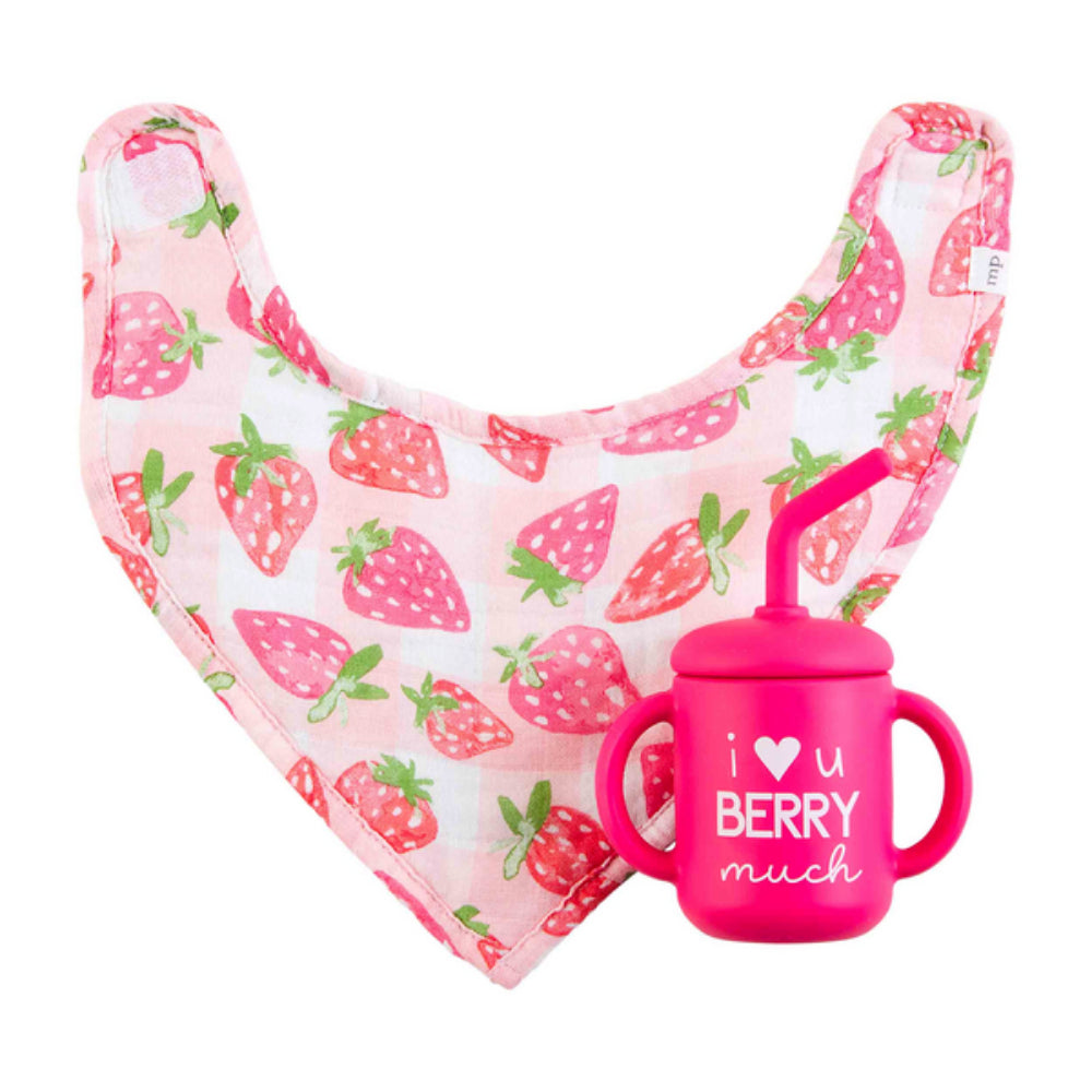 Adorable Berry-themed Mud Pie Silicone Cup and Muslin Bib Set