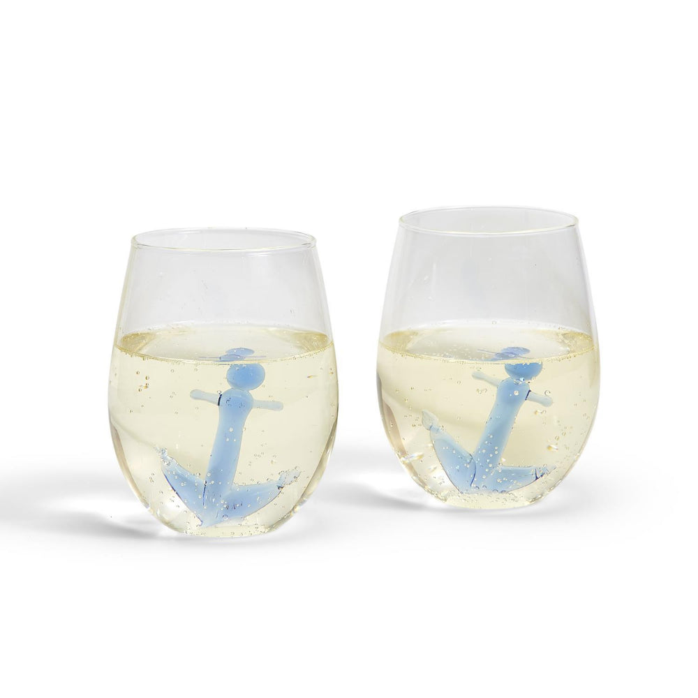 Two's Company 20-Ounce Hand Blown Stemless Wine Glass with Cobalt Blue Anchor