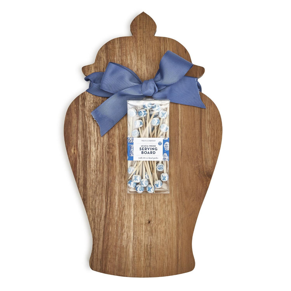 Acacia Wood Ginger Jar-Style Serving Board with 20 Cocktail Picks