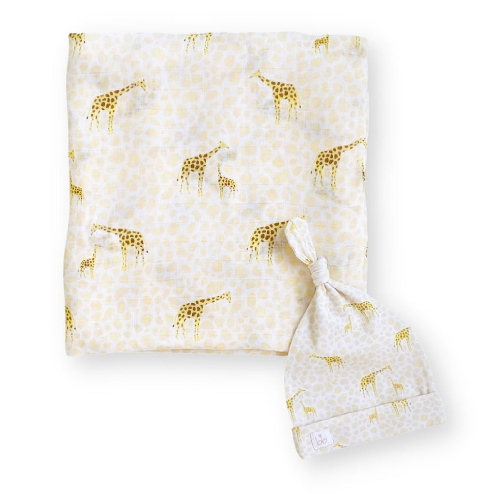 Dear Perli Soft Bamboo Muslin Swaddle Blanket & Topknot Set - Wild Giraffe Theme