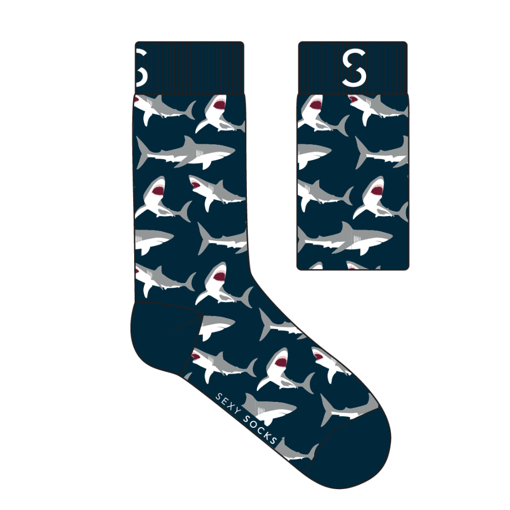Sexy Socks LLC Fierce Gray Sharks Pattern Black Socks for Playful Fashion