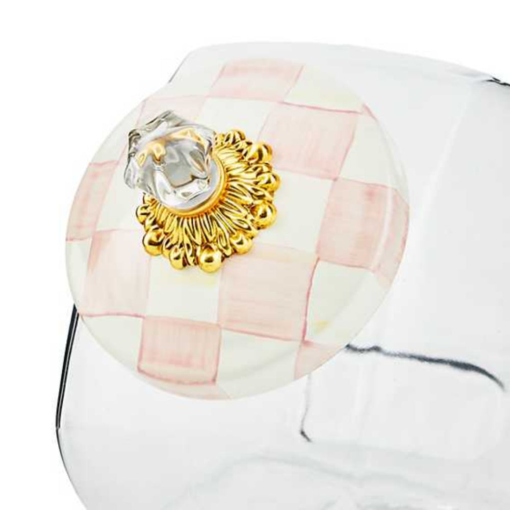 MacKenzie-Childs Decorative Rosy Check Pattern Enamel Lid Glass Cookie Jar for Storing Treats