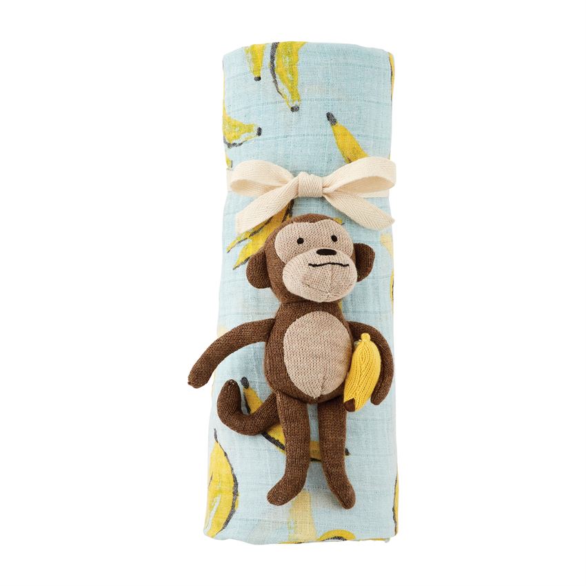 Mud Pie Cozy Monkey Rattle and Soft Muslin Swaddle Gift Set