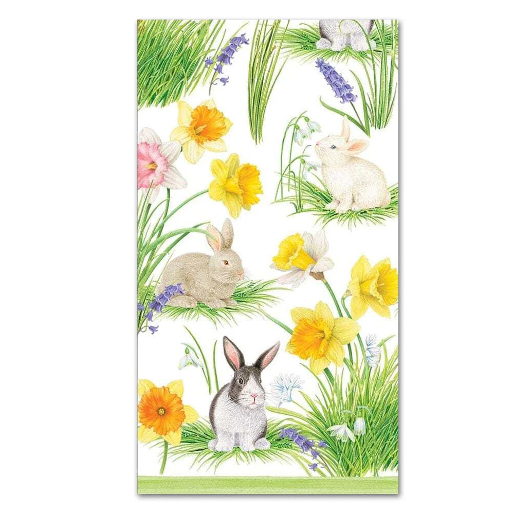 Caspari Spring-themed Guest Towels with Colorful Bunnies and Daffodils