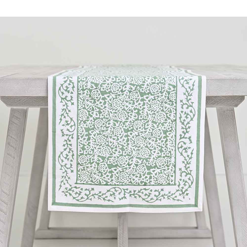 Elegant Hand - Block Printed Green Pomegranate Table Runner for Dining
