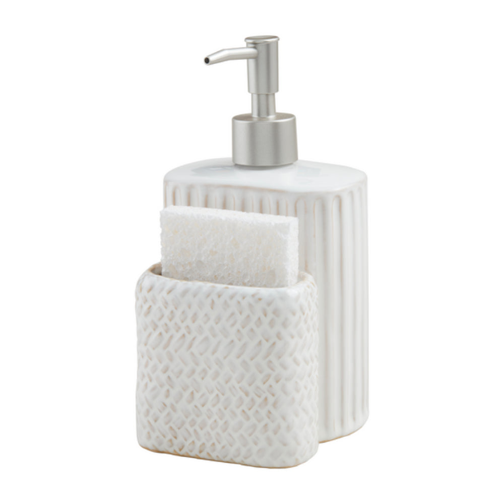 Mud Pie Reactive Glazed Stoneware Textured Soap Pump Set with Sponge Side Caddy and Foam Sponge for Bathroom Decor