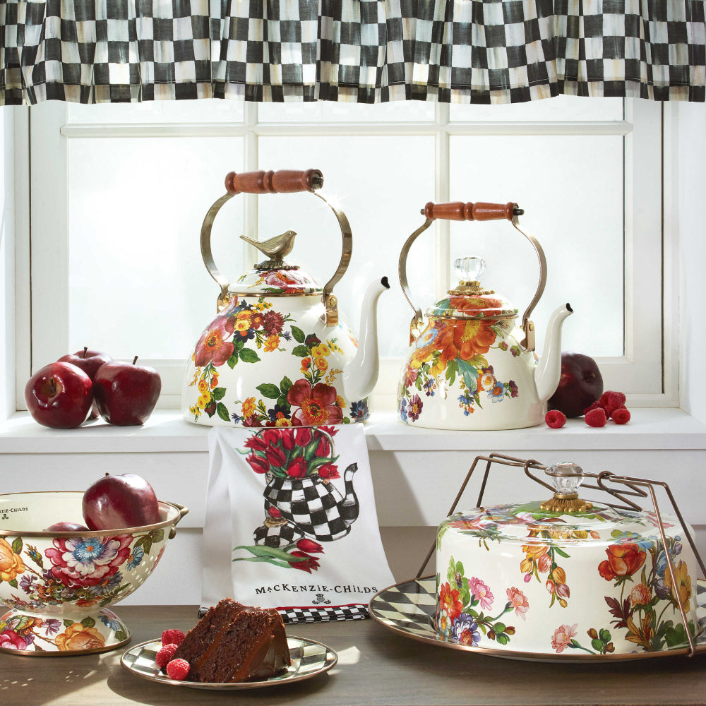 MacKenzie-Childs Exquisite White Flower Market Tea Kettle with Unique Design