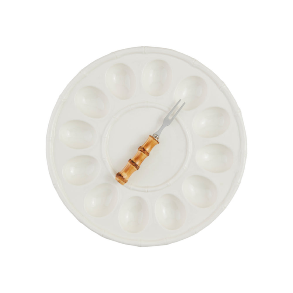 Mud Pie Exquisite Stoneware and Stainless Steel Deviled Egg Tray Set with Bamboo Design