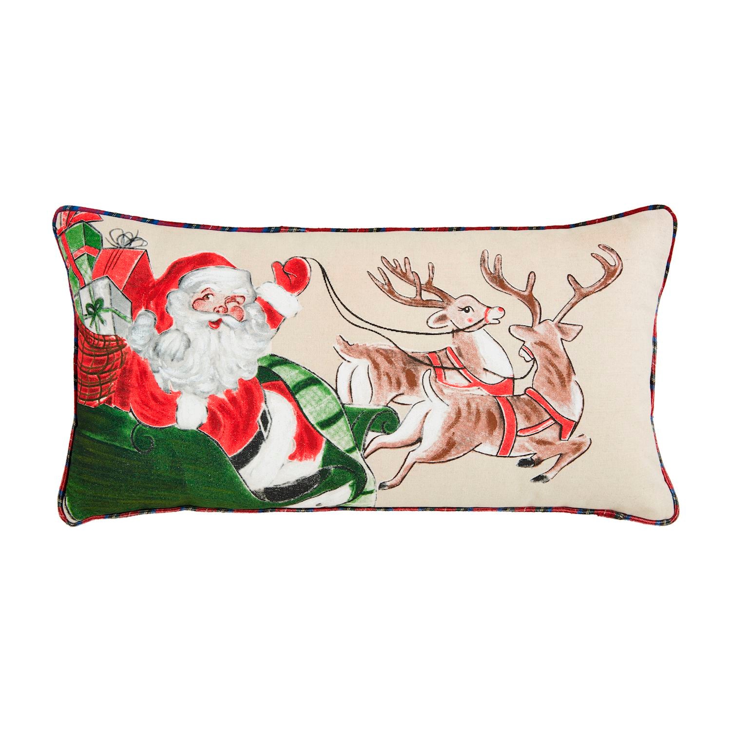 Mud Pie Hand - painted Faux Linen Classic Christmas Pillow with Tartan Piping