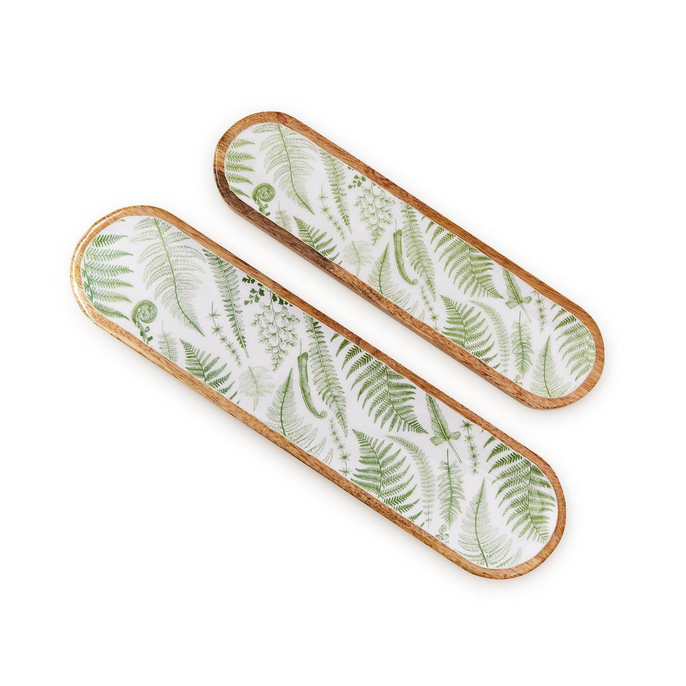 Two's Company Exquisite Hand-Crafted Mango Wood Serving Trays with Fanciful Fern Design