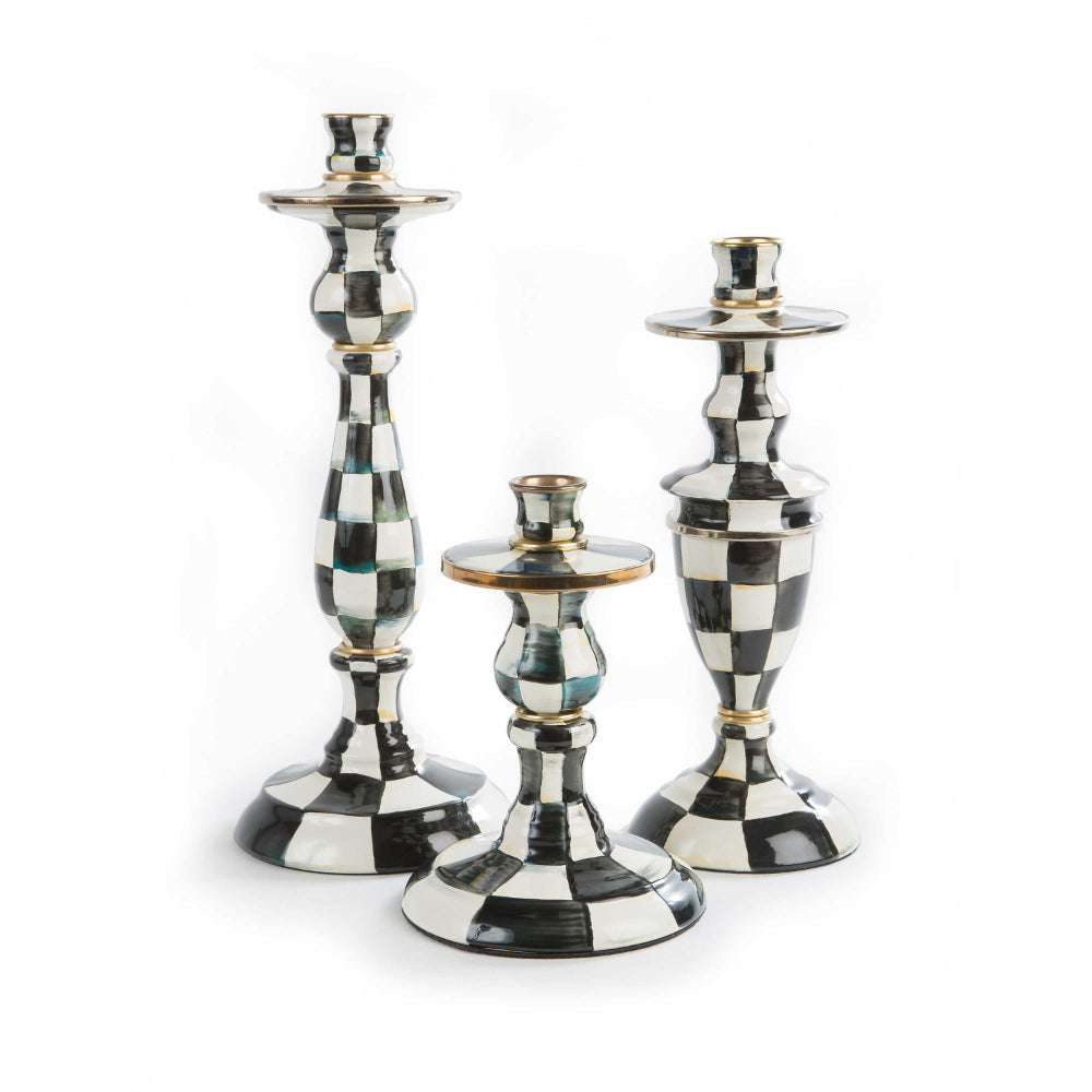 MacKenzie-Childs Hand-Painted Enamel Courtly Check Candlestick Set