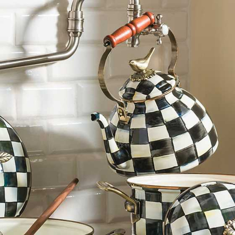 MacKenzie-Childs 3 Qt. Courtly Check Enamel Tea Kettle with Charming Bird Knob