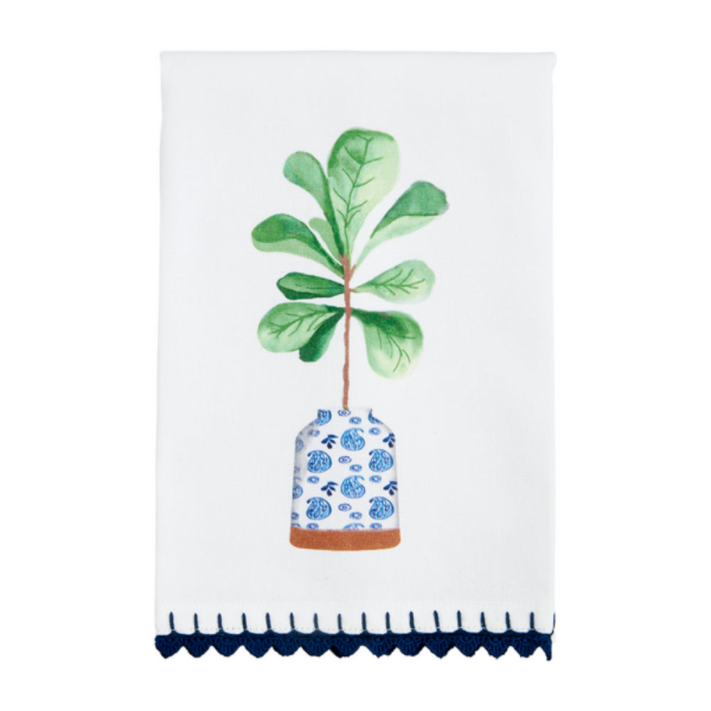 Mud Pie Luxury Blue Cotton Potted Plant Design Hand Towels for Bathroom Decor
