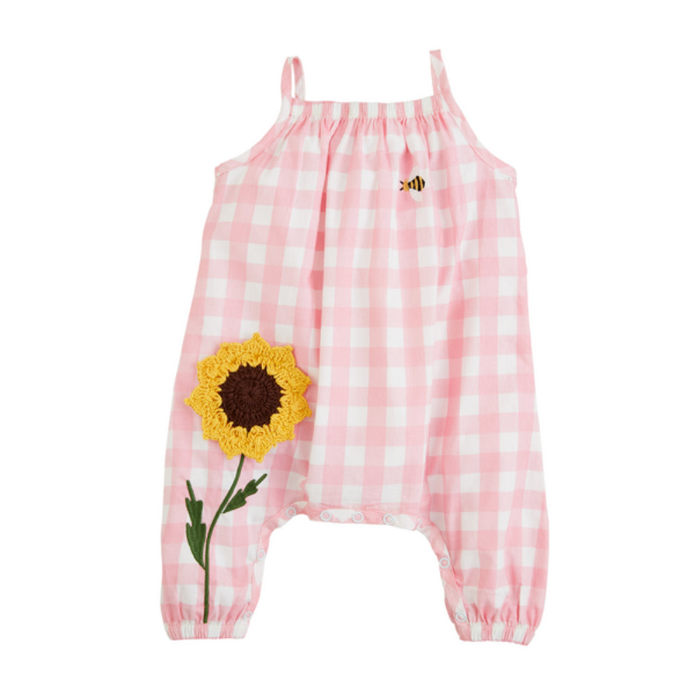 Mud Pie Pink Checkered Sunflower Baby One-Piece Romper