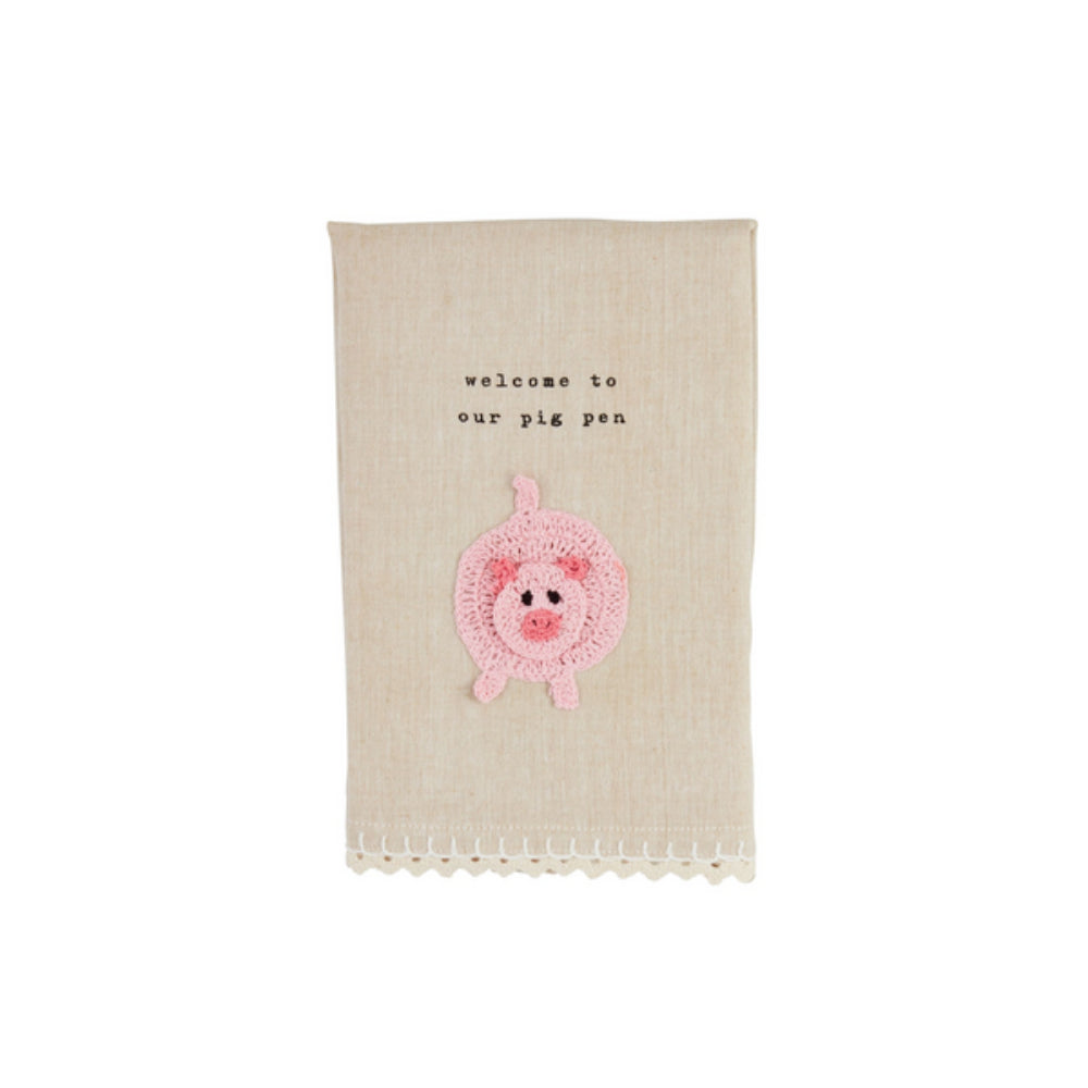 Mud Pie Handmade Crochet Farm Animal Decorative Chambray Hand Towel for Kitchen and Bathroom