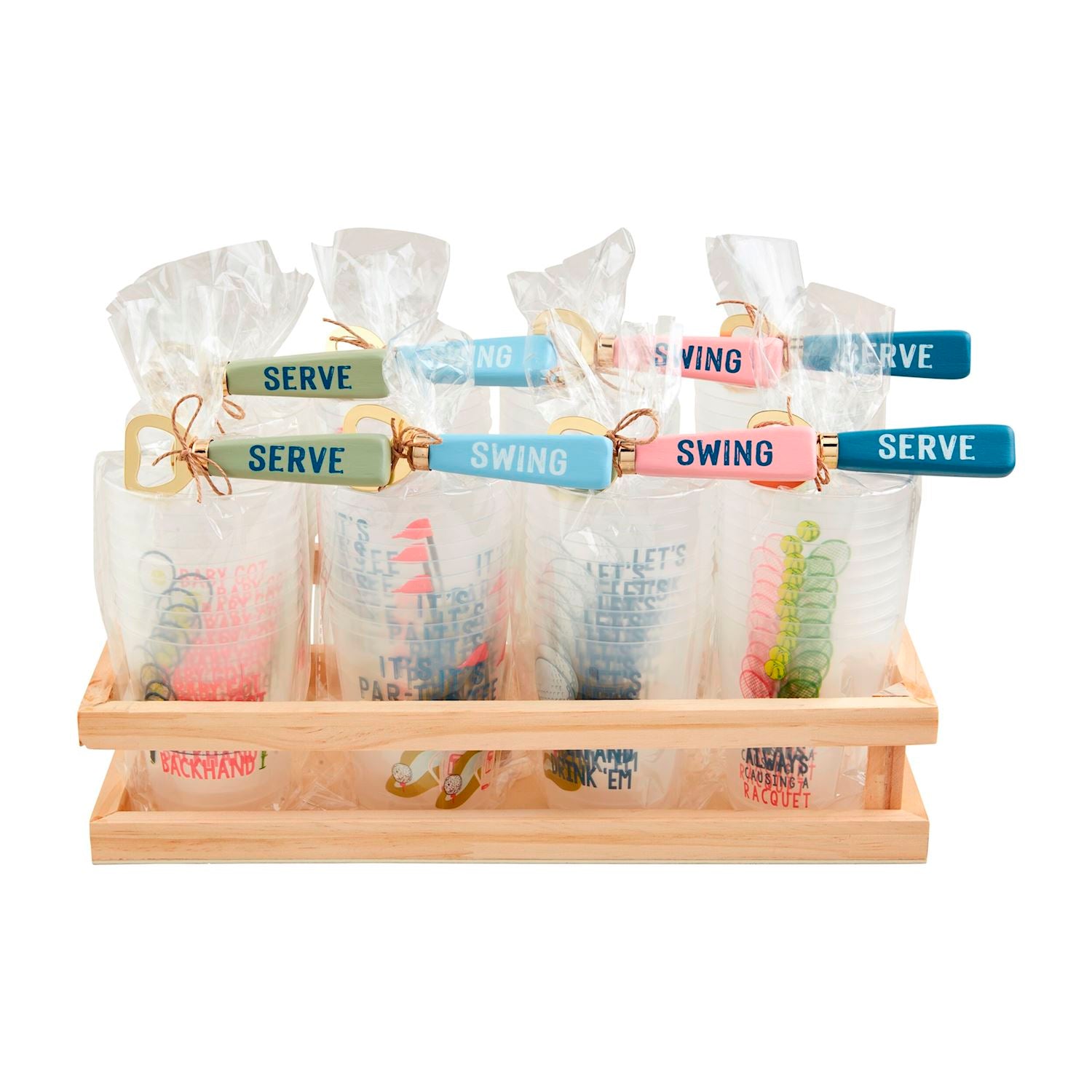 Mud Pie Frosted Plastic Flex Party Cup & Wood-Brass Bottle Opener Sets for Tennis & Golf Parties