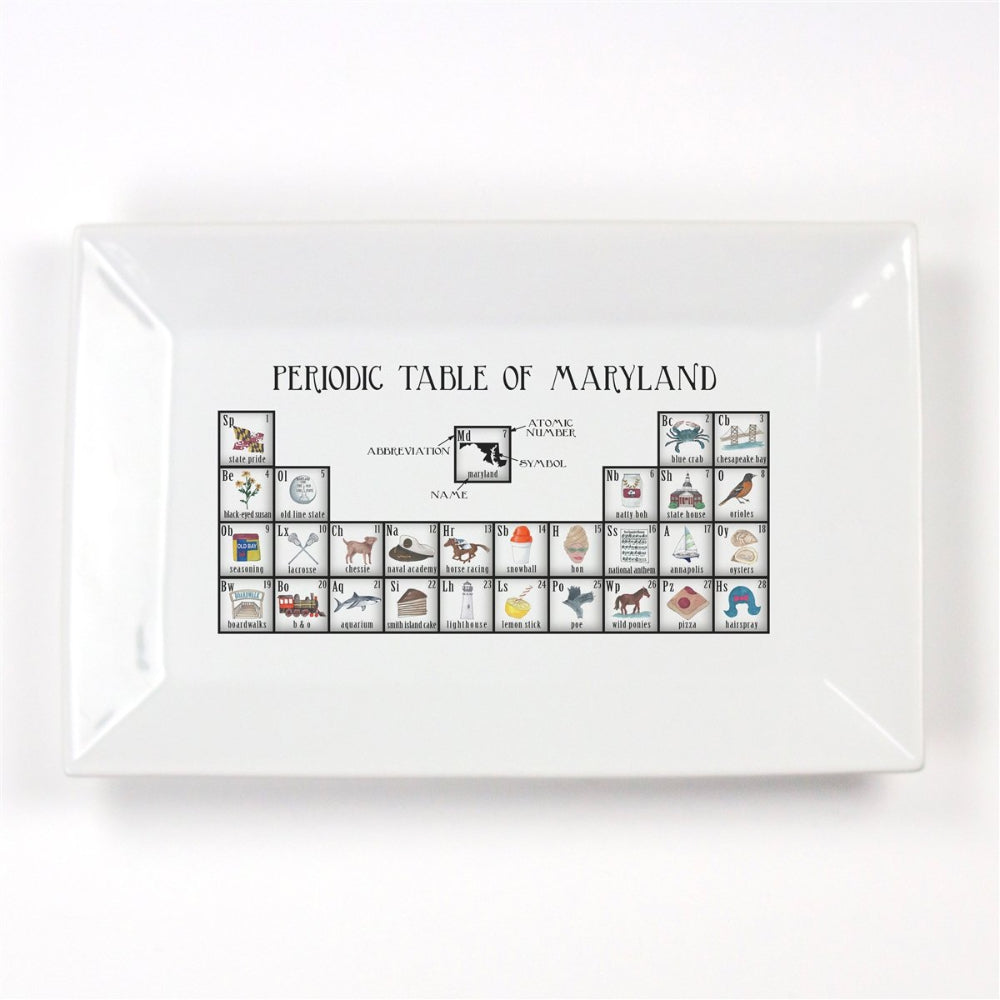 Dishique Rectangular Porcelain Platter Featuring the Periodic Table of Maryland - A Perfect Gift for Maryland Fans