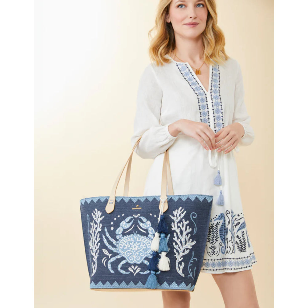 Spartina Fiesta Cotton and Jute Blend Beach Tote Bag with Embroidered Hamilton Crab Design