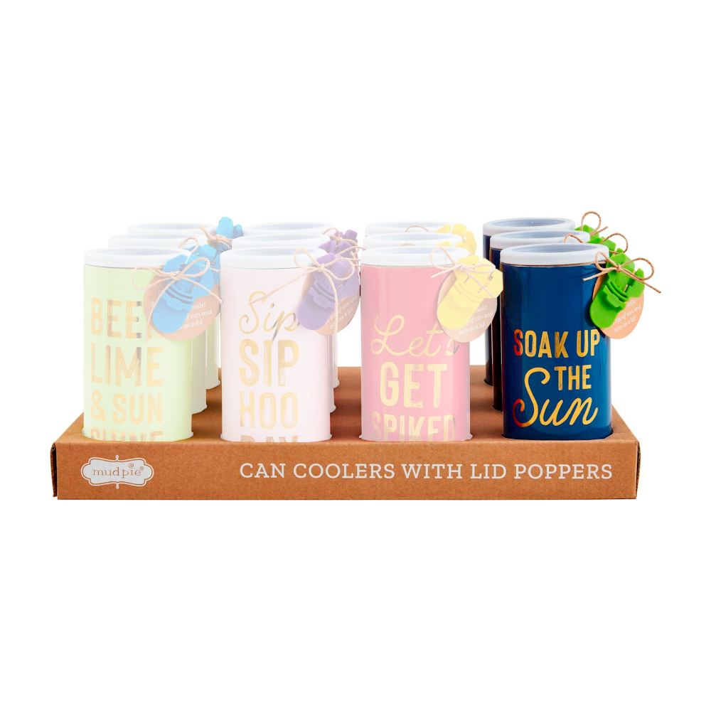 Mud Pie Colorful Metal Can Cooler with Plastic Tab Popper Sets