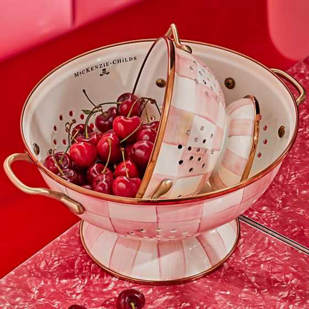 MacKenzie-Childs Colorful Rosy Check Pattern Enamel Kitchen Colander for Cooking