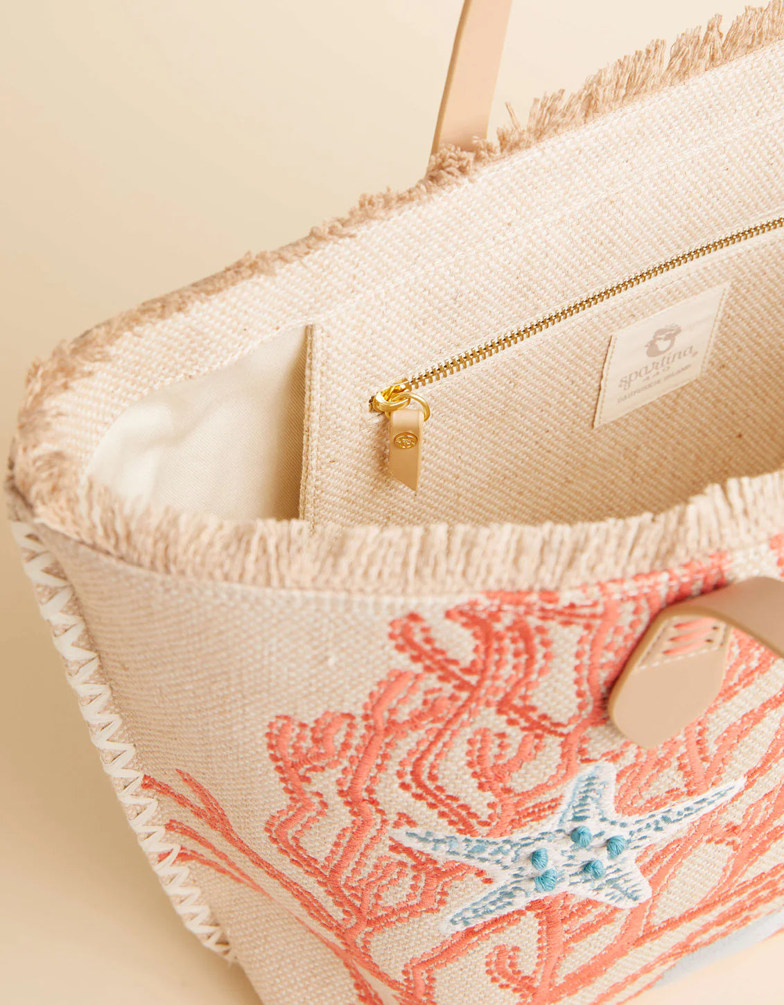 Spartina Ogeechee Coral Sea Life Embroidered Cotton - Jute Blend Beach Tote